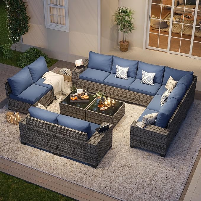 Aoxun Patio Furniture Set, 12 Pcs Outdoor Patio Furniture Sets with 4 in Thicken Cushion and Coffee Table, Widen Armrests Wicker Outdoor Sectional for Backyard & Garden, Navy Blue