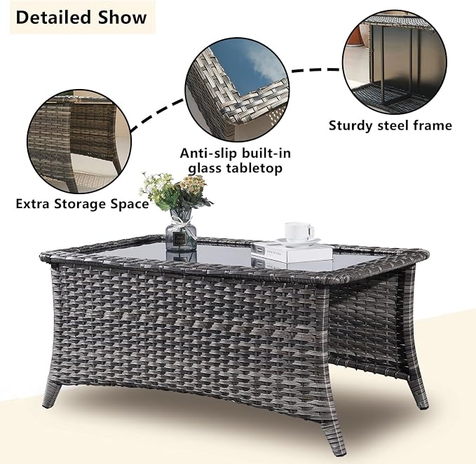 Rilyson Wicker Outdoor Patio Furniture Set - 6 Piece Patio Conversation Sets with Swivel Rocker Chairs, Ottomans, Sofa and Coffee Table, 6 inch Cushions, Deep Seating, for Porch Deck Mixed Grey/Grey