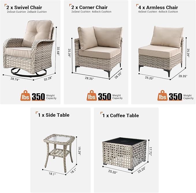 10 Pieces Wicker Patio Furniture Set,Outdoor Sectional Sofa with Swivel Chairs Coffee Table,Outside Deep Seat Rattan Couch Conversation Set,Beige