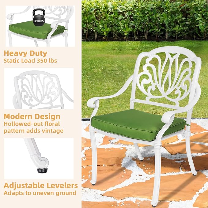 5-Piece Outdoor Patio Dining Set, All-Weather Cast Aluminum Patio Furniture Set for Backyard Garden Deck with 4 Chairs, 4 Cushions and 35.4” Round Table, 2.2" Umbrella Hole, White