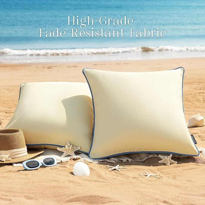 Phantoscope Pack of 2 Outdoor Waterproof Throw Pillow Covers with Contrast Piping, Decorative Square Cushion Case Patio Pillows for Couch Tent, Butter Yellow 12x20 inches