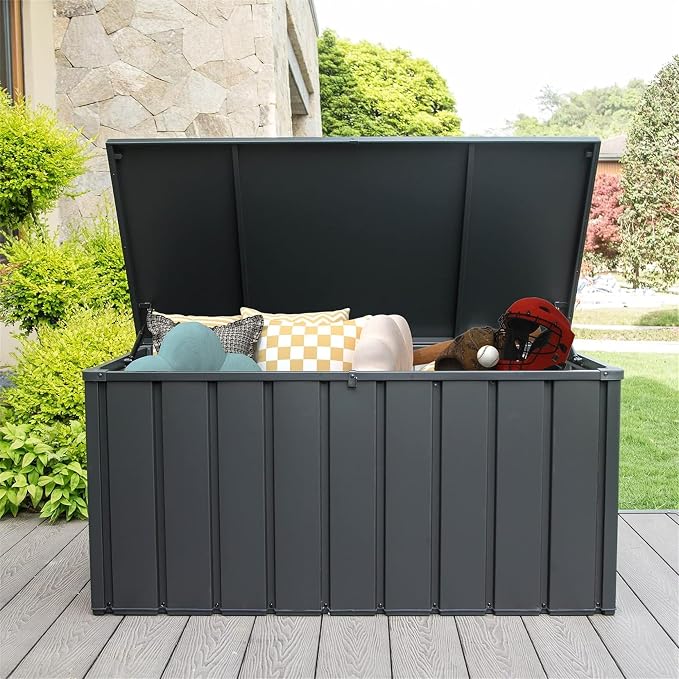 KUIKUI 150 Gallon Deck Box Waterproof, 150 Gallon Outdoor Storage Box, Metal Deck Box Waterproof for Pool Patio Cushions and Sports Pools Equipment, Dark Gray