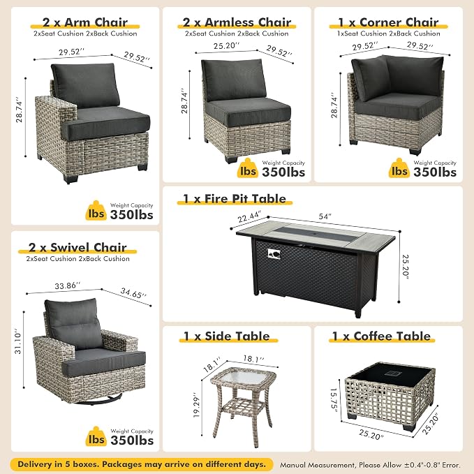10 Pcs Outdoor Sectional Patio Furniture Set with Fire Pit Table and Swivel Rocking Chairs - All Weather Wicker Modular Outside Sectional Couch,Patio Seating Outdoor Conversation Sets,Black