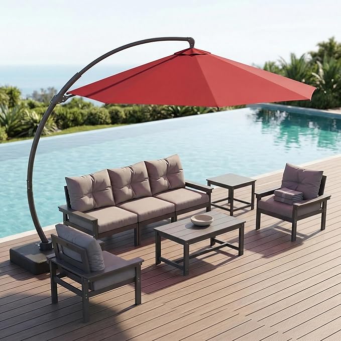 11 FT Cantilever Umbrella with Base Included, Large Round 360° Rotation Offset Umbrella Outdoor Patio, Heavy Duty Aluminum Frame, Sand-Weighted Stand, for Deck, Backyard, Pool, Garden (Red)