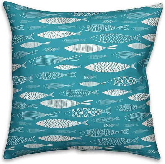 Teal Schoold of Fish Indoor/Outdoor Pillow | Decorative Pillows for Living Room Couch Bed Sofa Patio, Fluffy Soft Cushion | Water Resistant Blue, 18x18