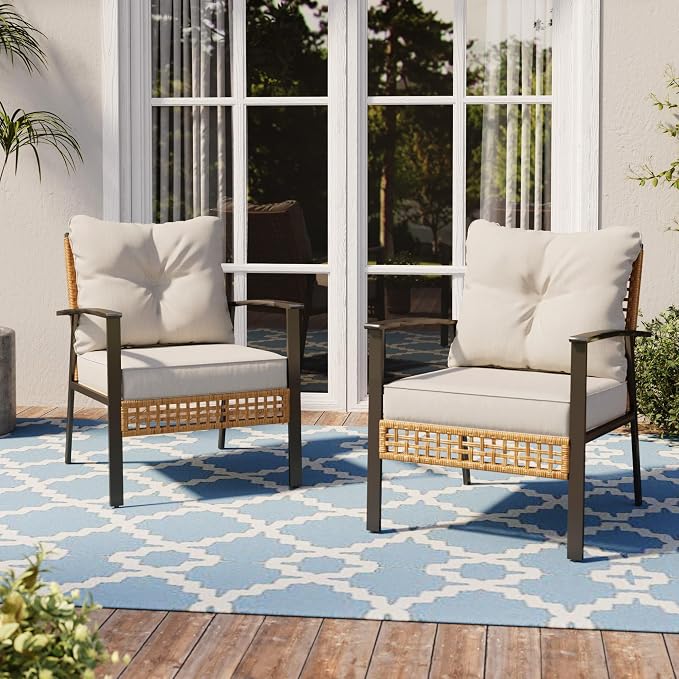 LAUSAINT HOME Outdoor Rattan Bistro Set, Patio Furniture Wicker Chairs Set of 6 with Deep Seating and Thick Cushions, Oversize Conversation Set for Garden, Balcony and Backyard (Beige)