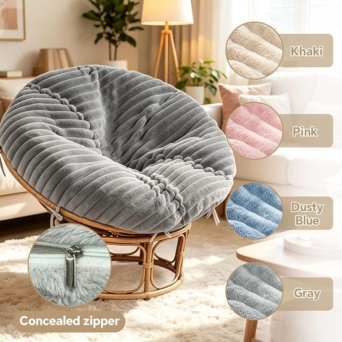 Fluffy Shaggy Cover for Papasan Cushion Cover, 50 Inch, Machine Washable | Super‑Soft Faux Fur Papasan Chair Cushion Cover, 8 Ties Keep Cover Secure, Long‑Zipper for Easy Removal, Grey (Only Cover)