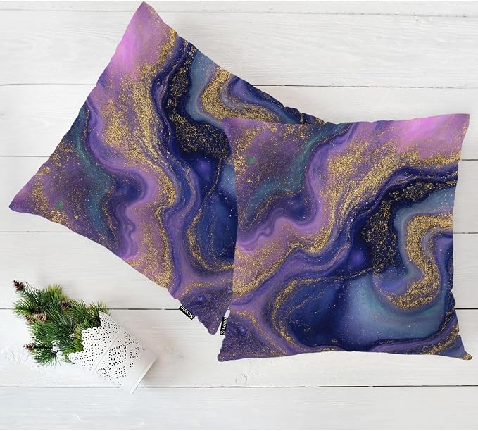 Swono Marble Pattern Cozy Pillowcase Cushion Cover, Abstract Natural Marble Gold Purple Decorative Throw Pillows Covers Outdoor Pillow Case for Home Office Dorm Sofa Picnic Car 18" X 18", 2 Pack