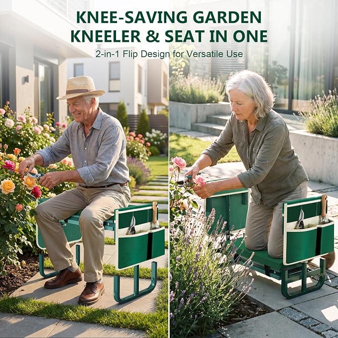AUROPEAK Garden Kneeler and Seat, 7-Level Adjustable Stool with Handles | Cushioned kneeling pad, folding frame and tool bags for weeding, planting and pruning, ideal for seniors and home gardeners