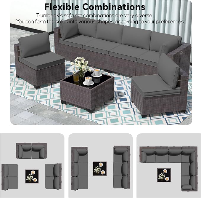 Patio Furniture Set 7 Pieces Outdoor Sectional Sofa Set,All Weather Wicker Patio Sofa PE Rattan Patio Conversation Set w/Cushions and Glass Coffee Table,Grey