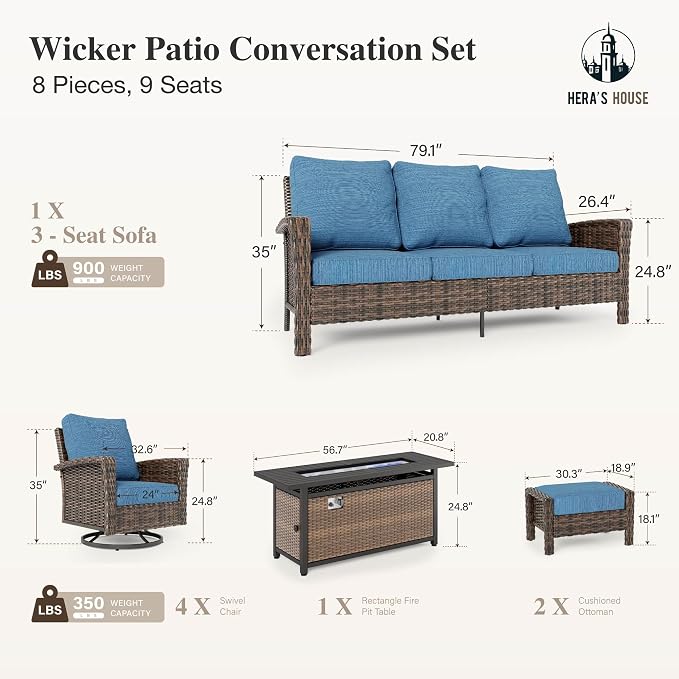 HERA'S HOUSE 8-Piece Outdoor Furniture Set with Fire Pit Table, Patio Conversation Set with 5.5-Inch Thick Cushions & High Back Swivel Chairs, All-Weather Wicker Deep Seating Sofa with Ottomans, Blue