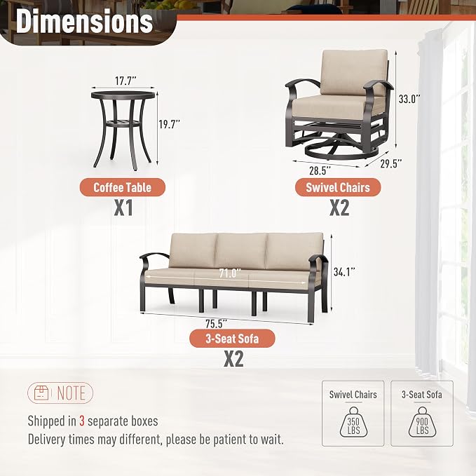 Kurapika Aluminum Patio Furniture Set 8-Seat Modern Metal Outdoor Conversation Sets w/Swivel Rocking Chairs Patio Sectional Sofa w/5.1 Inch Cushion, Sand