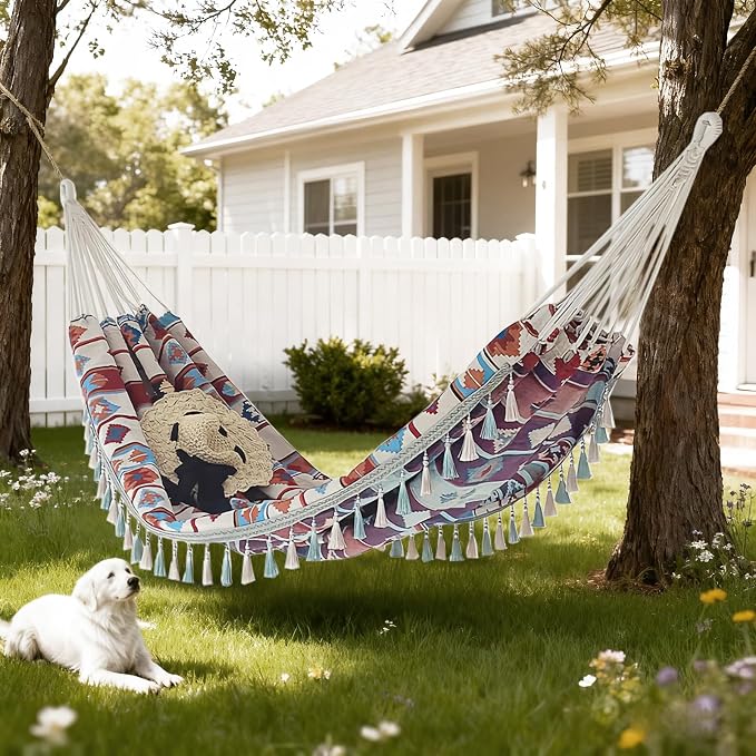 Double Boho Macrame Hammock with Tassels, Portable Patio Hammock with Carry Bag for Poolside, Camping, Porch Patio, Bedroom, Balcony, Outdoor＆Indoor（59''*79''）