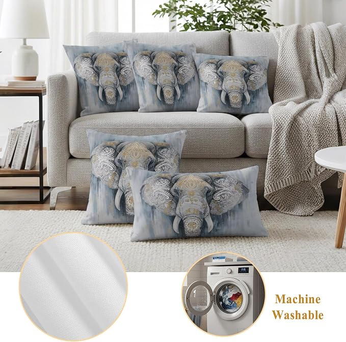 Boho Elephant Outdoor Pillow Covers 26"x26" Set of 2, Floral Pattern Animal Abstract Waterproof Throw Pillow Covers for Patio Furniture, Decorative Cushion Covers for Porch