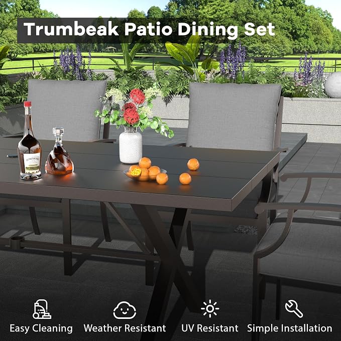 7-Piece Patio Dining Set Outdoor Conversation Set,Metal Outdoor Furniture Set with Umbrella Hole Cut-Out 78.7" x 35.4" Table and 6 Metal Chairs for Backyard,Garden,Grey