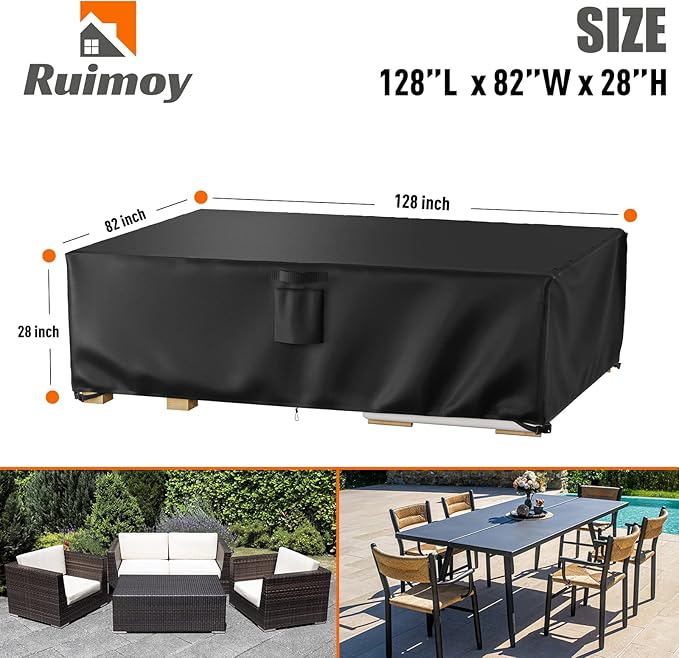 Ruimoy Patio Furniture Covers, Outdoor Furniture Cover Waterproof, General Purpose, Outside Table and Chair Covers, Heavy Duty 600D (128 Inch L x 82 Inch W x 28 Inch H)