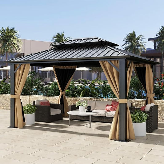 DWVO 10x12ft Hardtop Gazebo Double Roof Gazebo with Nettings and Curtains, Heavy Duty Galvanized Steel Outdoor Vertical Stripes Roof for Patio, Backyard, Deck, Lawns, Brown