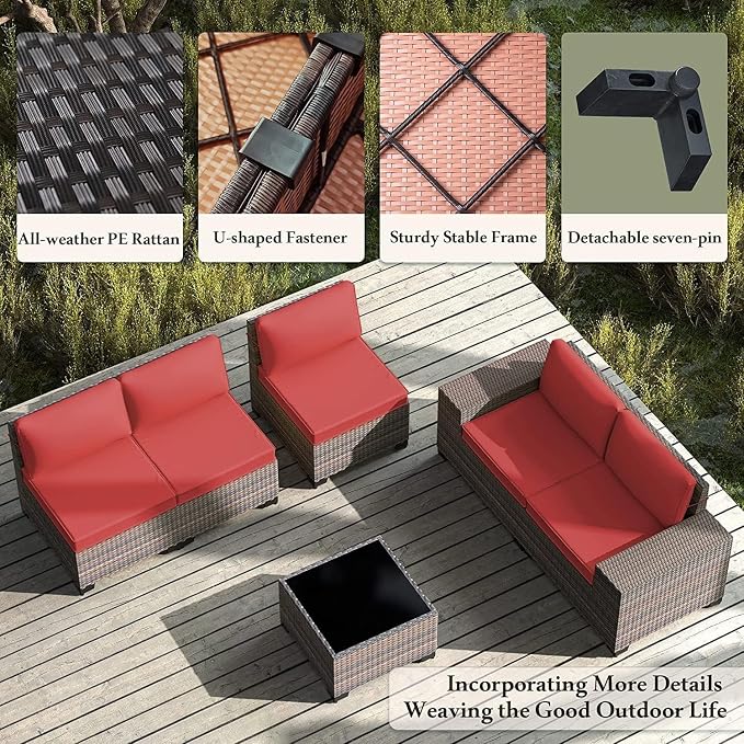 12 PCS Outdoor Patio Furniture Set,Outdoor Sectional Furniture All Weather PE Rattan Wicker Patio Conversation Set with 2 Coffee Tables and 10 Thickened Cushions,Red