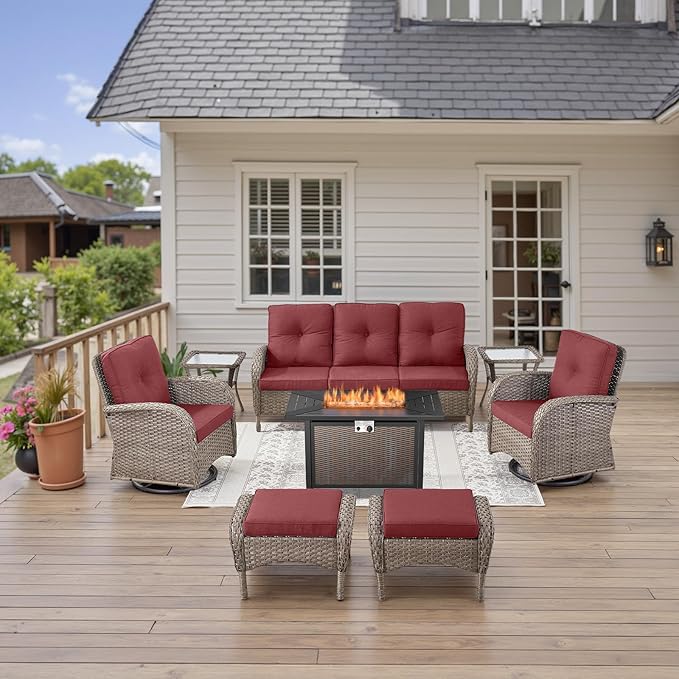 Belord 8 Piece Patio Furniture Set with 50000 BTU Propane Fire Pit Table, Outdoor Conversation Set with 2 Swivel Rocker Chairs Wicker Sofa and Ottomans for Casual Gatherings Red Cushion