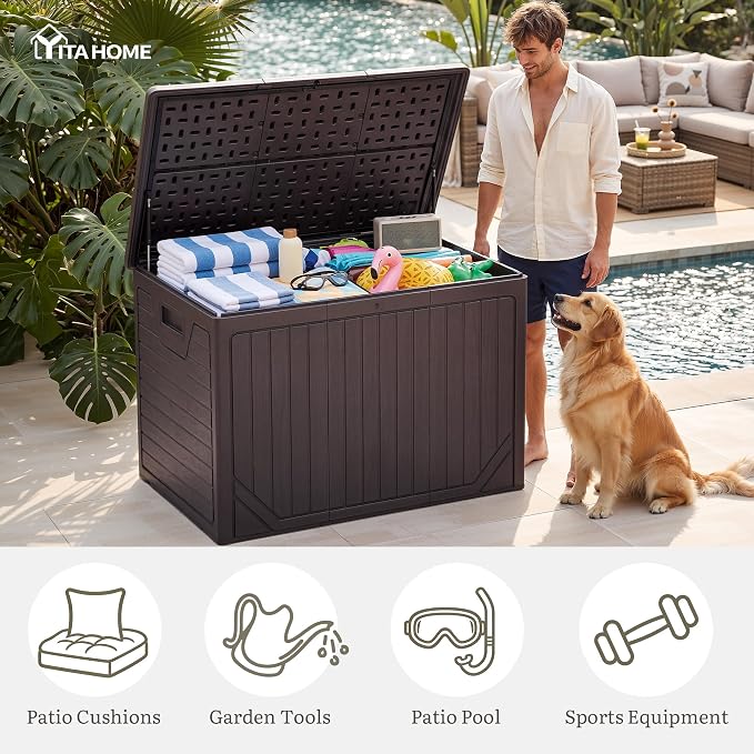 YITAHOME XXL 230 Gallon Extra Large Outdoor Deck Box, Lockable Resin Double-Wall Storage Box and Waterproof Patio Furniture Bin for Garden Tools & Pool Accessories, Brown