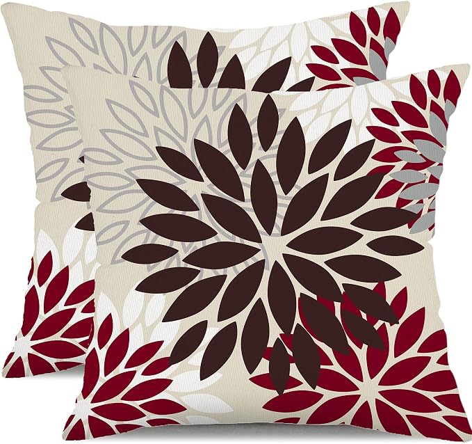 DFXSZ Outdoor Waterproof Pillow Covers 18x18 Set of 2 Brown Red Flower | Spring Summer Waterproof Flower Throw Pillowcases（No Inserts）Outdoor Decor for Fall Patio Funiture Garden Polyester Covers