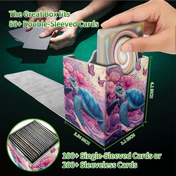 Pink Flower Turtle Card Deck Box for MTG, Personalized Card Storage Case Fits 120+ Sleeved Cards, Premium Leather TCG Box with Strong Magnetic Closure for Magic, CCG, PTCG, Baseball Cards