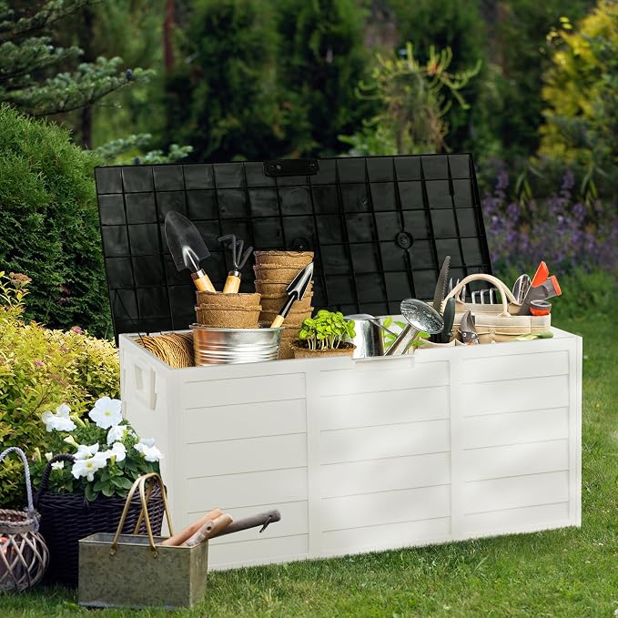 SSLine Outdoor Storage Deck Box, 75 Gallon Capacity Plastic Patio Garden Tool Organizer with Wheels, 44 x 19.3 x 21.3 inches (White)