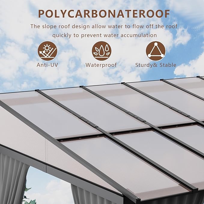 ALAULM 10'x 14' Outdoor Hardtop Pergola,Wall Mounted Lean to Gazebo with Curtains and Netting,Galvanized Metal Frame,Sunshade for Patio, Backyard, Deck and Lawns-Gray