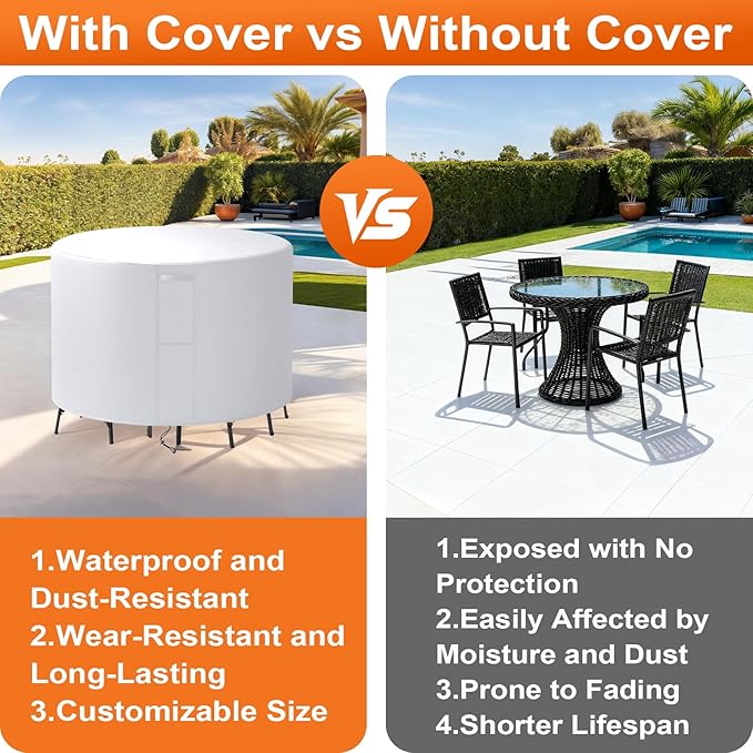 28"(D) x 24"(H) Round Outdoor Furniture Cover, Custom Heavy Duty 420D Waterproof Patio Furniture Cover with Drawstring & Buckles for Table Chair Garden, Silver