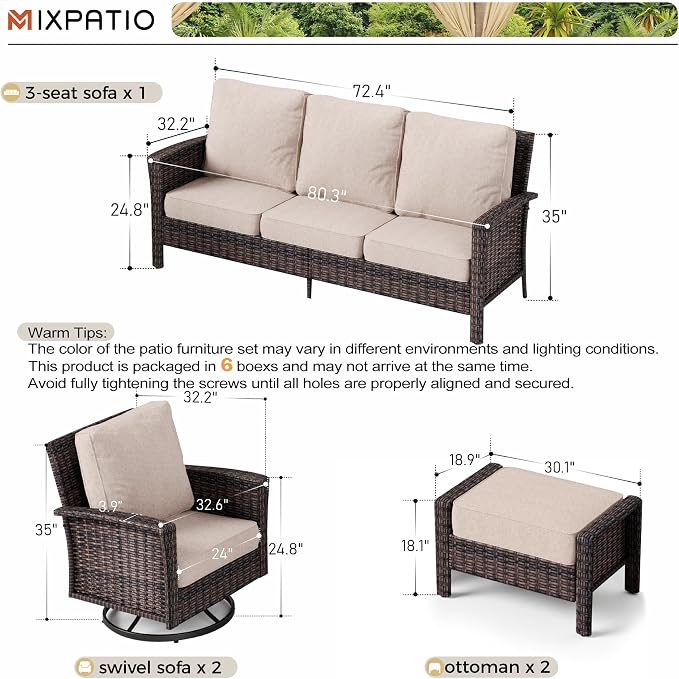 MIXPATIO 5-Piece Wicker Patio Furniture Set with Swivel Chairs, High Back Outdoor Furniture with 5.5-inch Thick Cushion and Ottoman, All-Weather Wicker Patio Conversation Set for Deck Yard Pool, Beige