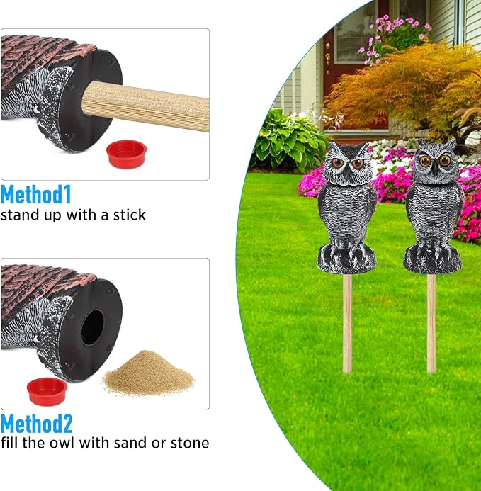 Hedoc 2 Pack Fake Owl Decoys to Scare Birds Away, Rotating Head Bird Deterrents, Nature Enemy Scarecrow Plastic Statues, Pest Repellent for Gardens and Patios