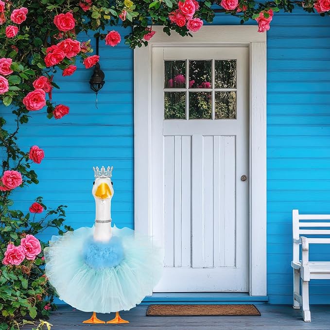 4 Pcs Princess Porch Goose Outfit for 23" 17" Cement Lawn Goose Costume Crown Necklace Tutu Skirt Feather Trim(Blue)
