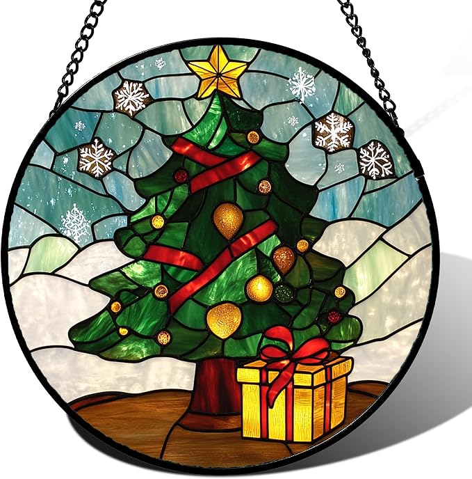 DASTOLL Stained Glass Window Hanging Green Christmas Tree Snowflake Large 15" - Suncatcher Door Garden Sun Catcher Xmas Holiday Decor Birthday for Mom Men Woman Friend Nana