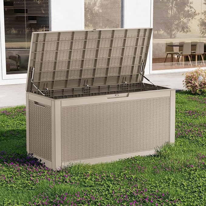 Storage Deck Box Outdoor Waterproof Resin Lockable Outside Bench UV Resistant Bin Patio Porch Furniture Pool Float Garden Tool Cushion (Grey, 120 Gallon)