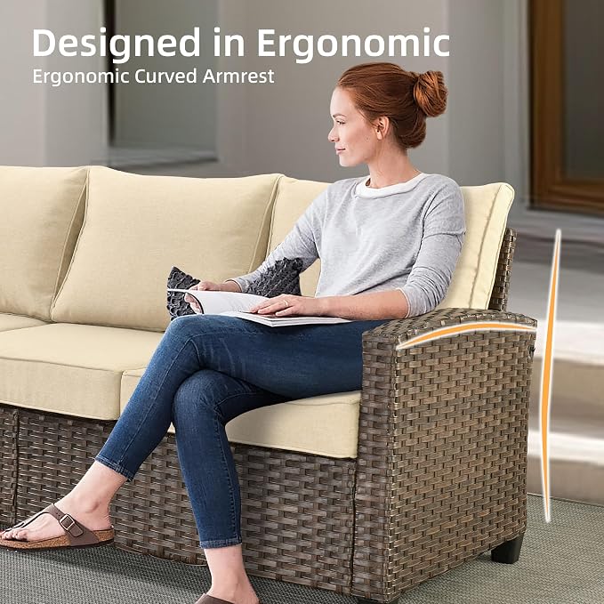 CAODOC 7 Pieces Rattan Patio Furniture Set, 4 x Single Chair, 2 x Ottoman and 3-Seat Sofa with Cushions, 9 Seats Outdoor Wicker Sectional Conversation Set for Garden, Poolside, Backyard