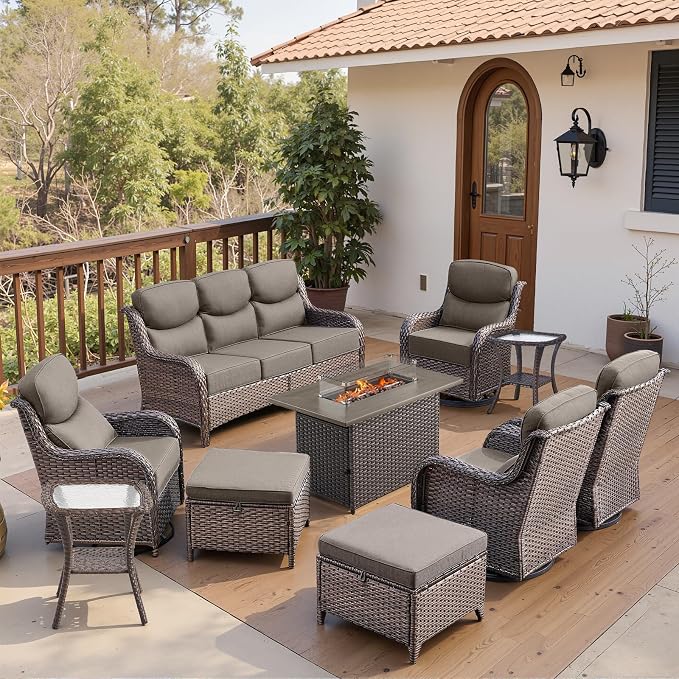 Belord Luxury 6" Thick Cushioned 10 Pieces Patio Furniture Set with Fire Pit Table, Wicker Outdoor Conversation Set with High Back Swivel Rocker Chairs for Deck Porch Yard and Poolside - Brown+Grey