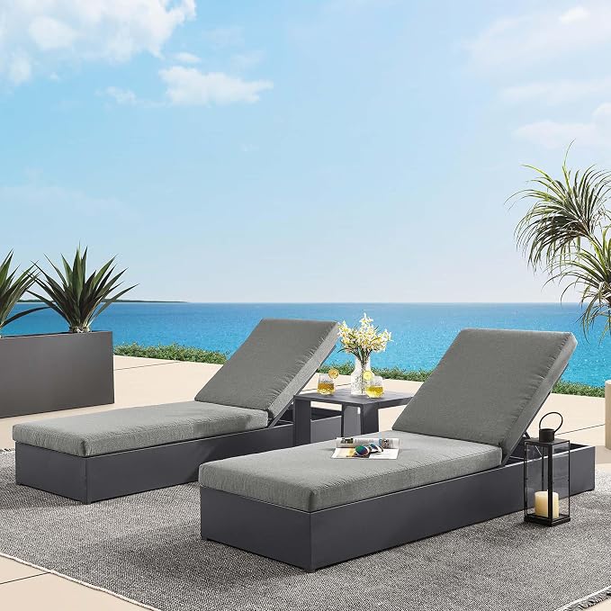 Modway Tahoe Aluminum Outdoor Patio Set of 2 Chaise Side Gray Charcoal, 3-Piece Set of Pool Lounge Chairs and Accent Table for Backyard Furniture