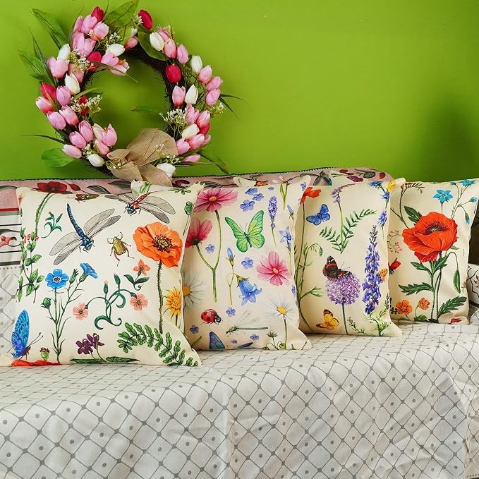 ONWAY Spring Summer Outdoor Waterproof Pillow Covers Set of 4 Floral Farmhouse Throw Pillows Decorative Cushion Cases for Outdoor Couch Sofa Patio Furniture Home Decoration (Beige, 18x18 Inch)