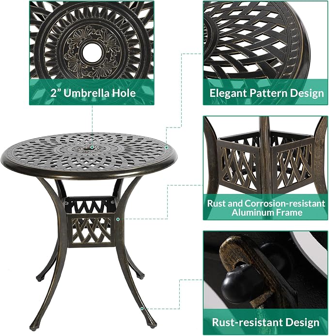 VIVIJASON 3-Piece Outdoor Patio Bistro Set, All-Weather Cast Aluminum Furniture Dining Sets Include 2 Cushioned Chairs and 31" Round Table w/Umbrella Hole for Balcony, Backyard, Navy Blue Cushion