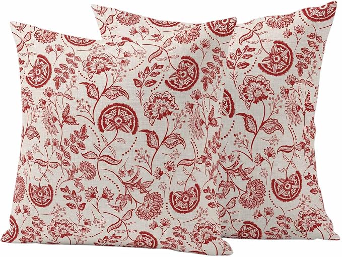 Outdoor Pillow Covers 16x16 Set of 2, Red Spring Floral Waterproof Patio Throw Pillow Covers for Couch Sofa Chair, Summer Botanical Farmhouse Decorative Pillowcases for Throw Pillows