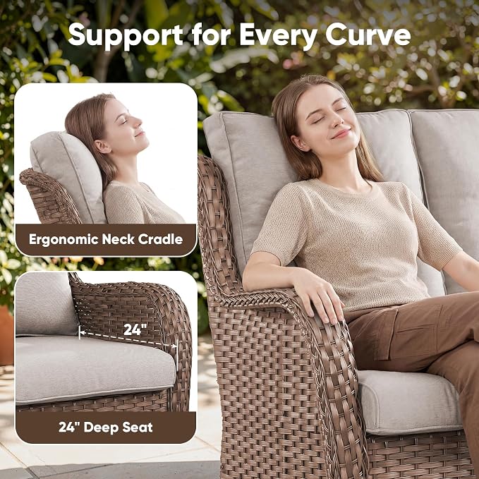 Belord 3-Piece PE Wicker Outdoor Sofa with 2 Ottomans, Luxury Patio Couch Convertible to Chaise Lounge, All-Weather High Back Deep Seat Woven Furniture for Deck, Porch - Yellow