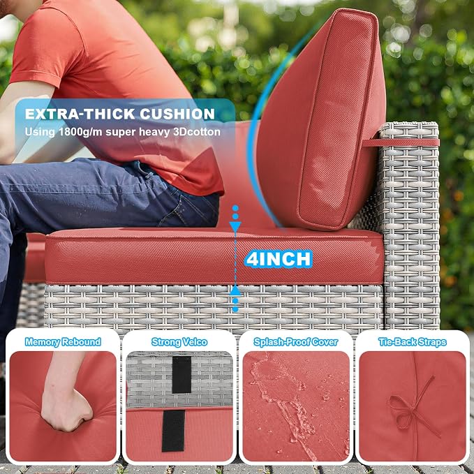 15-Piece Patio Furniture Set, Outdoor Patio Furniture with 55,000 BTU Fire Pit Table, Thick Cushions, Modular Patio Sofa, Dual-Strand Wicker Rattan, Rust-Resistant Frame, Red