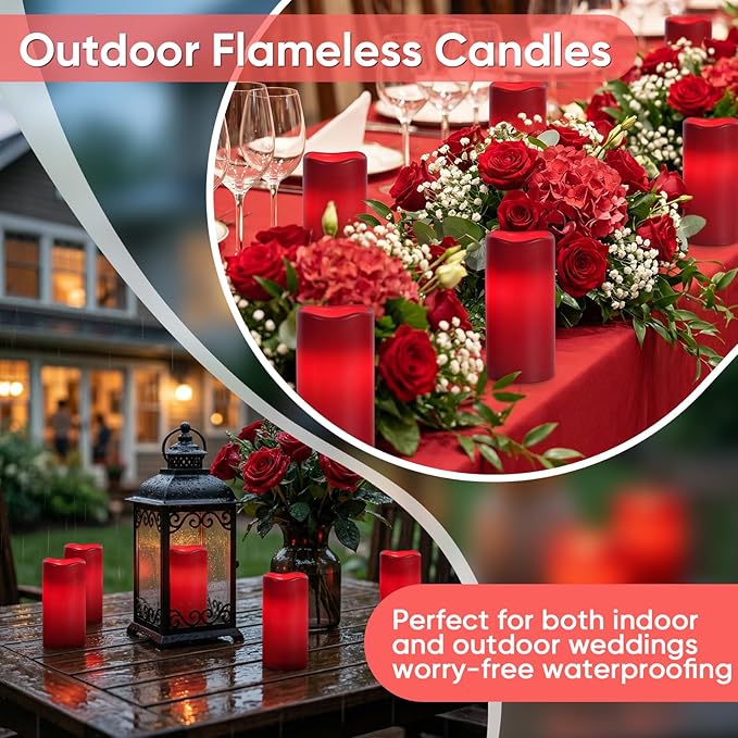 Amagic 3"x6" Red Flameless Candles with Remote, Christmas Battery Operated Candles with Timer, Waterproof LED Pillar Candles for Thanksgiving Table, Home, Outdoor Decor, Plastic, Set of 2