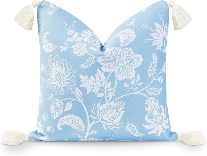 Hofdeco Premium Coastal Hampton Style Patio Indoor Outdoor Throw Pillow Cover Only, 18"x18" Water Resistant for Backyard, Couch, Baby Blue Floral Tassel