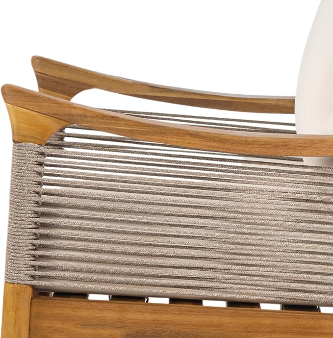 Merax Woven Rope Patio Club Chair, Acacia Wood Outdoor Armchair | Teak-Finish Acacia Frame, Woven Rope Seat, Thick Cushion, Deep Seating For Patio, Porch, Garden, Backyard Or Balcony