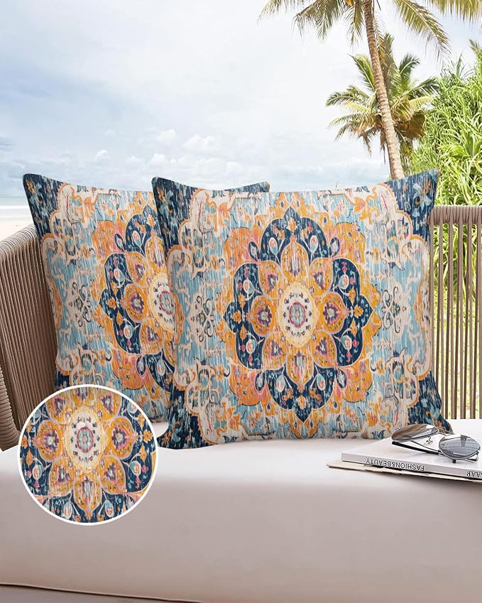 Outdoor Waterproof Pillow Covers Set of 2, Meddle Century Vintage Blue Carpet Mural Pattern Patio Throw Pillow Covers, Decorative Cushion Case for Couch Sofa Furniture Garden, 20x20 Inch