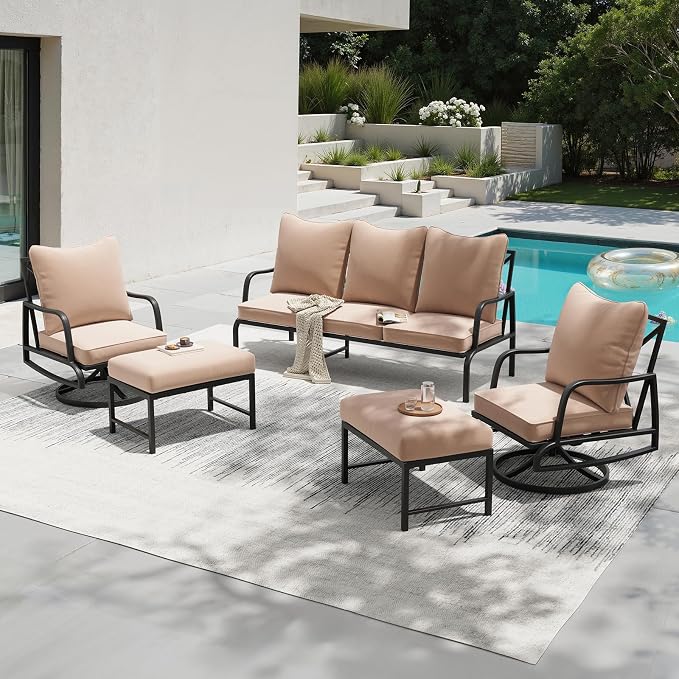 Soohow Patio Furniture Set, 5 Piece Outdoor Patio Furniture Set, 2 x Outdoor Swivel Chair, 1 x 3-Seats Sofa and 2 x Ottoman, Metal Conversation Set for Porch, Balcony, and Backyard