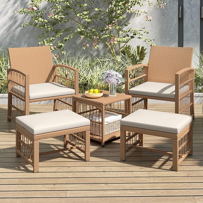 Tangkula 5 Pieces Patio Wicker Conversation Set, Outdoor Furniture Set with 2 Armchairs, 2 Ottomans & 2-Tier Side Table, Outside Rattan Cushioned Sofa Set for Deck, Backyard, Porch or Poolside