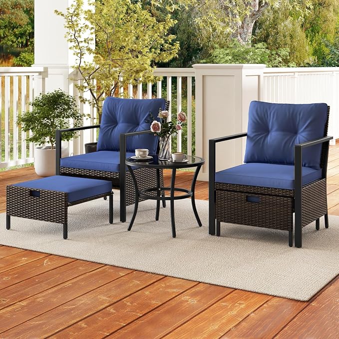 Tangkula 5 Piece Outdoor Furniture Set, Rattan Chairs & Ottomans w/Round Glass Topped Coffee Table, Space Saving Cushioned Patio Conversation Set for Backyard, Poolside (Navy)