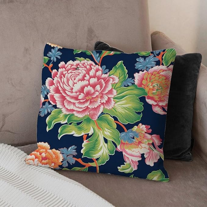 Pillowcase Floral Bright and Cheery Chinoiserie Pillow Covers Abstract Pink Coral Peony on Navy Pillow Cover Accent Square Couch Sofa Cushion Covers for Patio Furniture Tent Garden 16x16 in